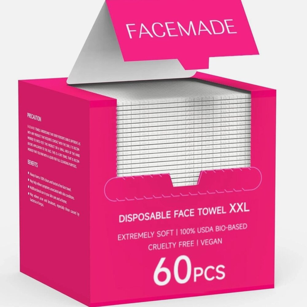 FACEMADE 60 Count XXL Disposable Face Towels 12" × 12", 100% NEW sealed in box